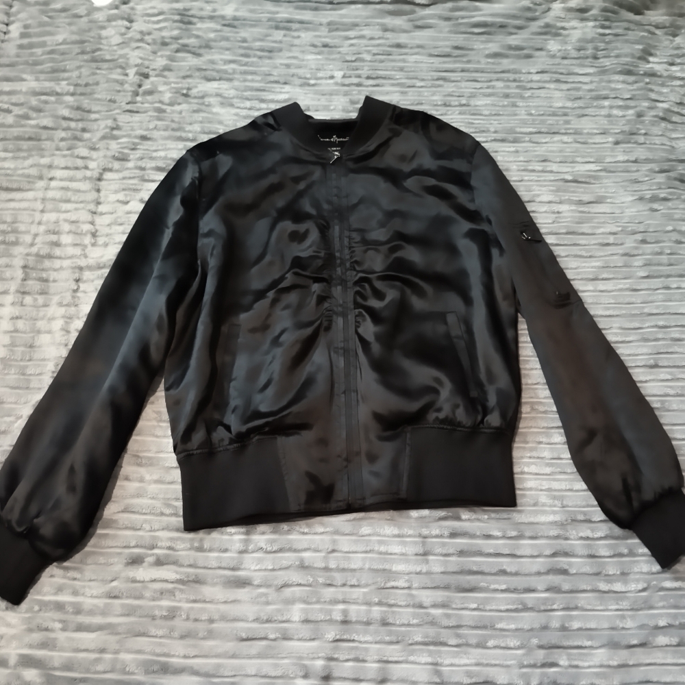 Mercer & Madison 100% Silk Bomber Jacket Sz S Pockets Ruched Zip Front Vtg Lined